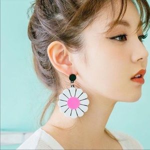 White Pink Flower Acrylic Earrings